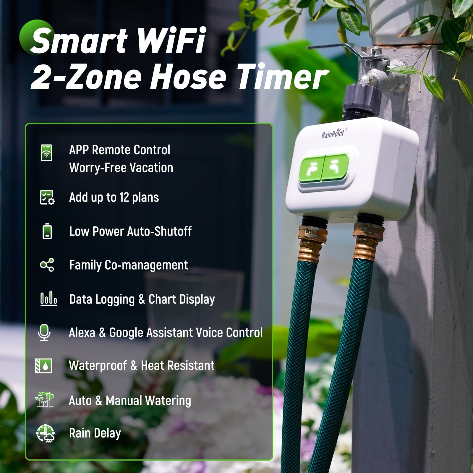 RainPoint 2-Zone Smart Wi-Fi Water Timer with Hub – Automatic Garden Irrigation System with App Control & Rain Delay by BALDR Electronic