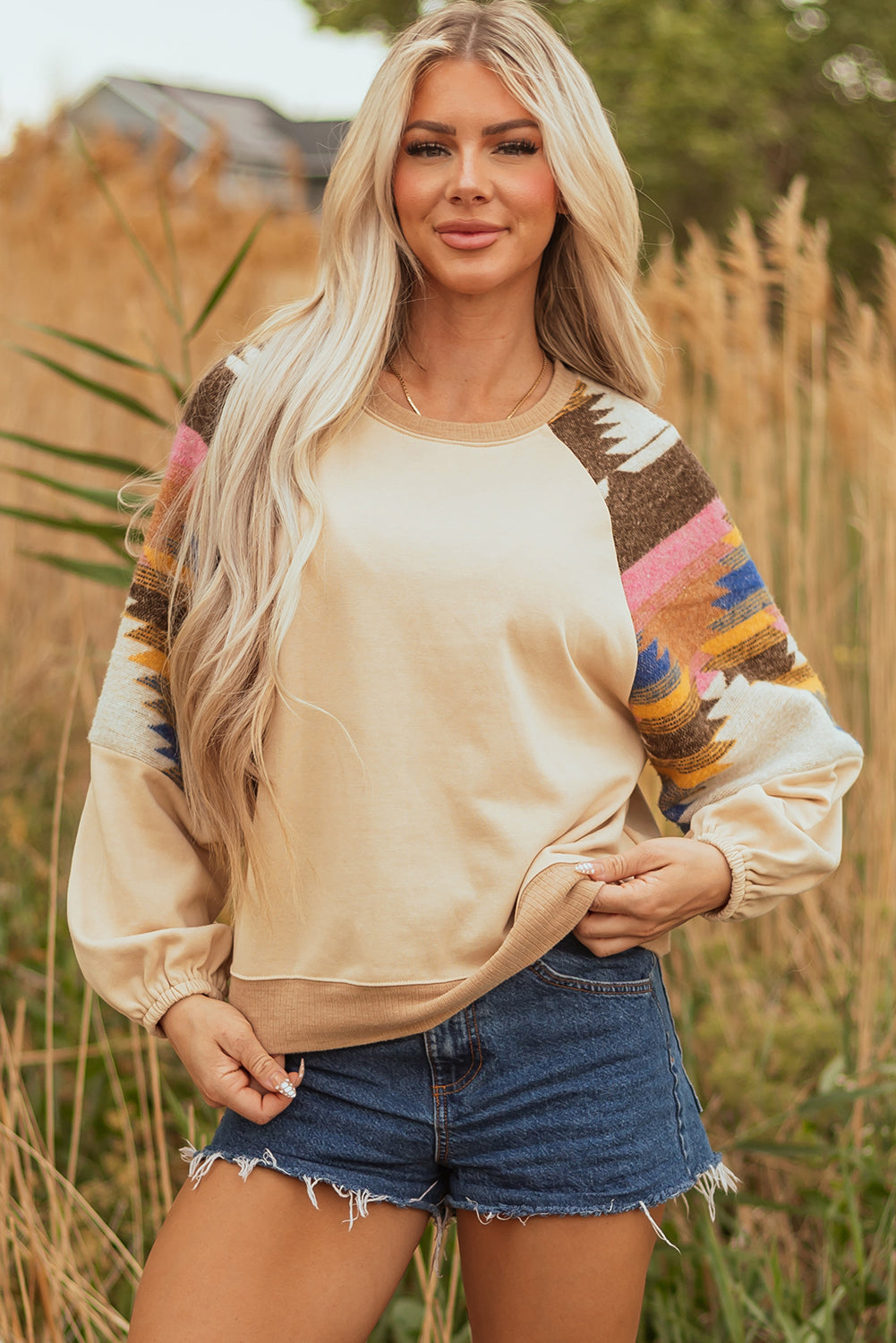 Logan Aztec Patchwork Raglan Pullover Sweatshirt - Threaded Pear