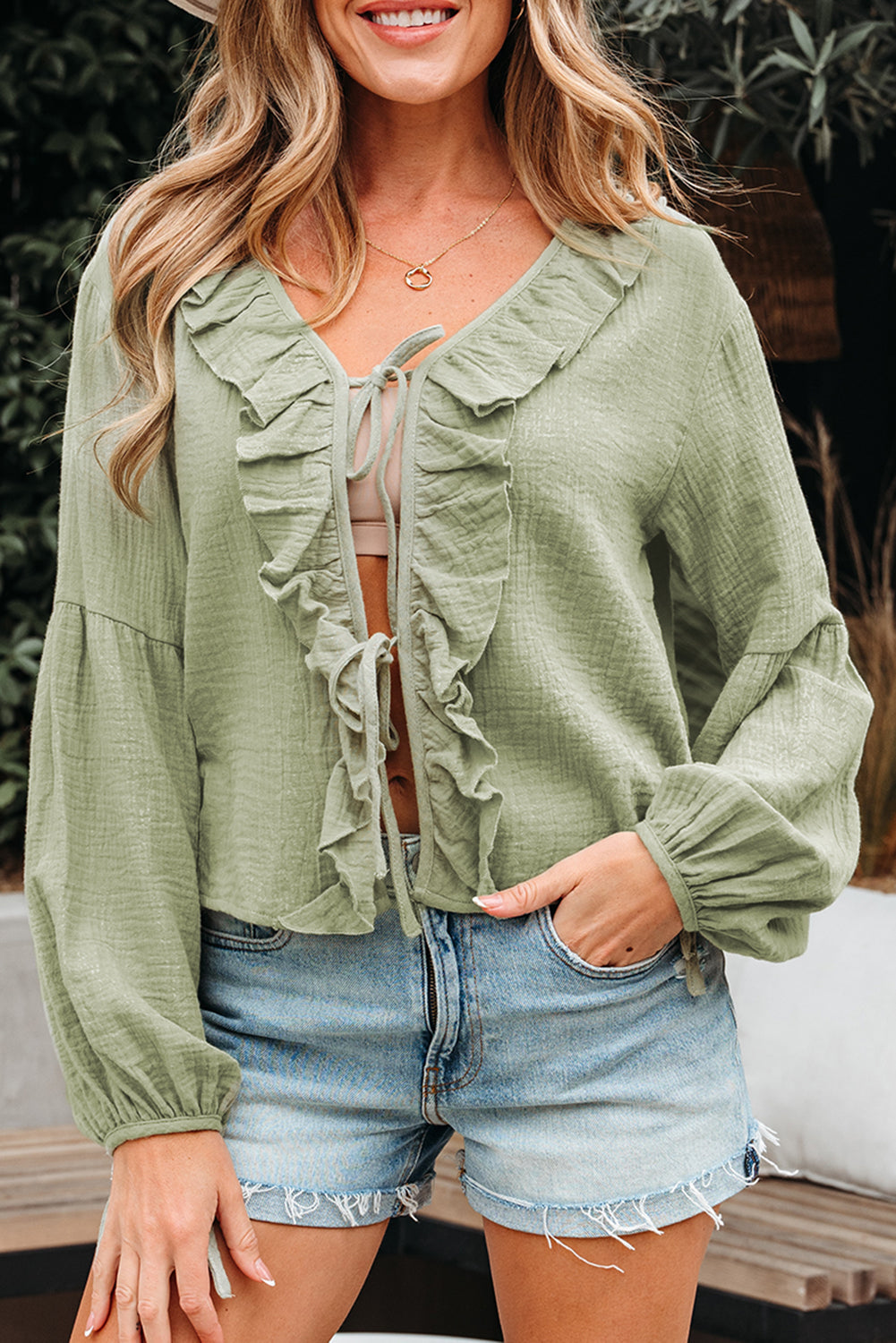 Natalia Bow Tie Front Ruffle Trim Long Sleeve Gauze Blouse - Threaded Pear