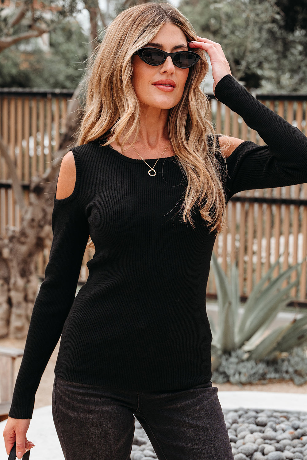 Amaya Ribbed Knit Cold Shoulder Sweater - Threaded Pear