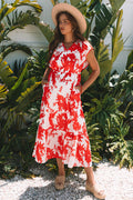 Scarlett Floral Trimmed V Neck Ruffle Sleeve Long Dress - Threaded Pear