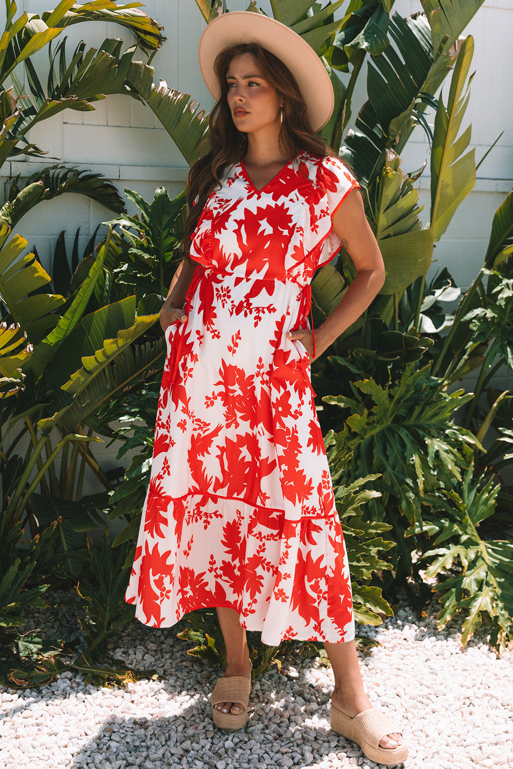 Scarlett Floral Trimmed V Neck Ruffle Sleeve Long Dress - Threaded Pear