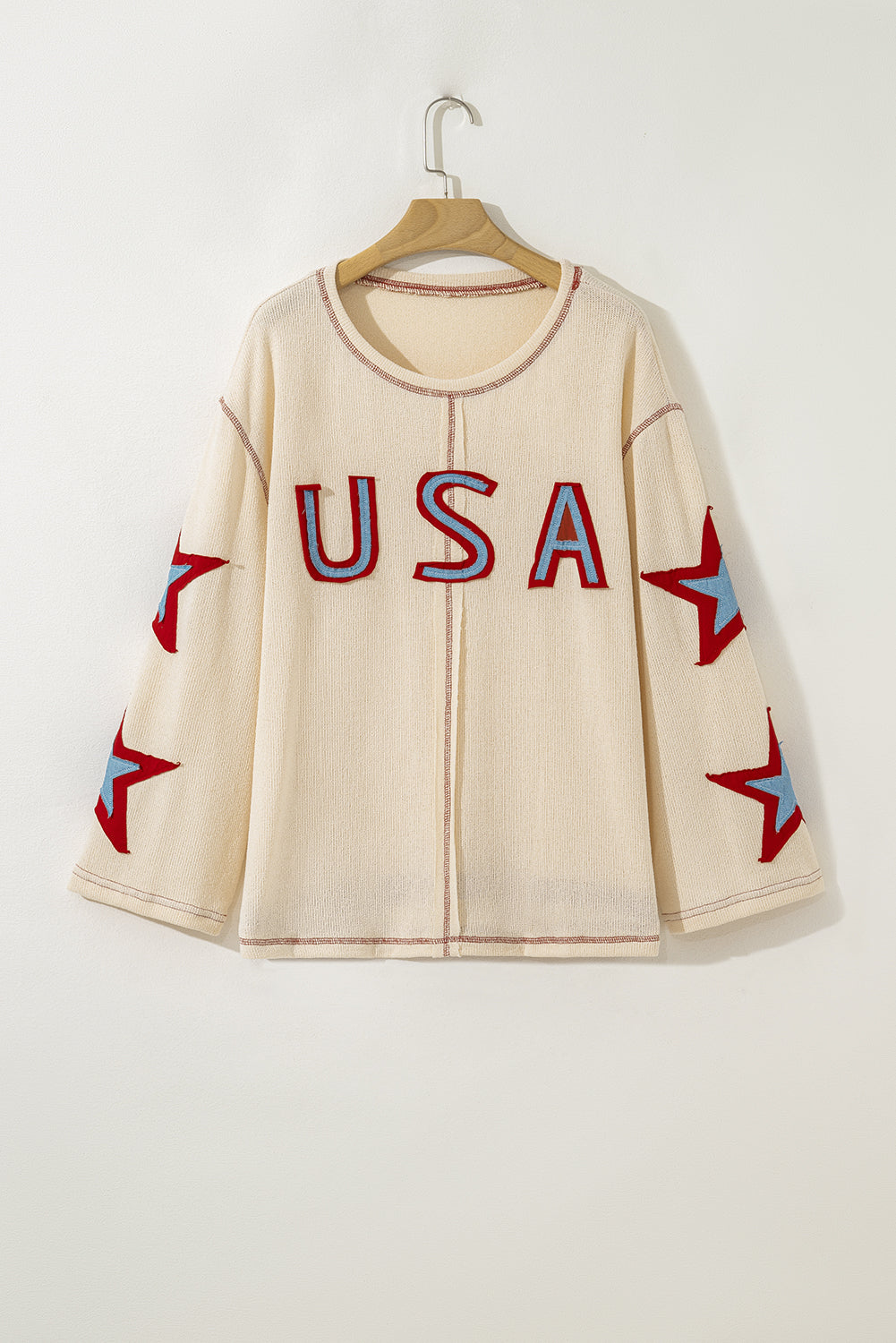 USA Patchwork Exposed Seam Long Sleeve Top - Threaded Pear