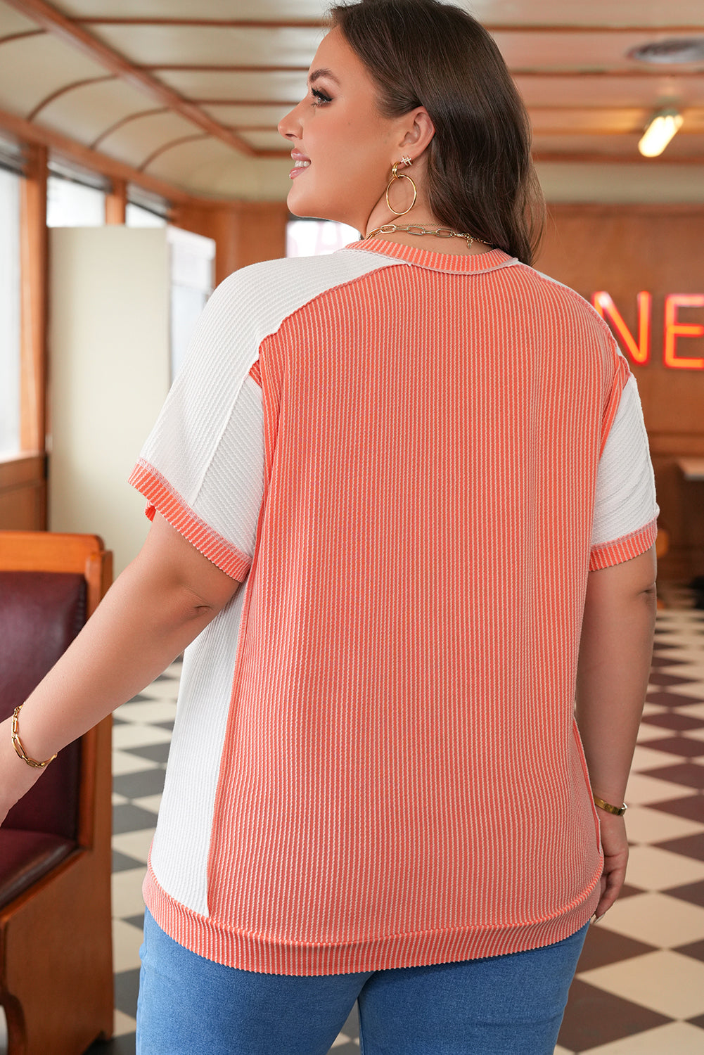 Khloe  Plus Size Rib Color block Short Sleeve Top - Threaded Pear