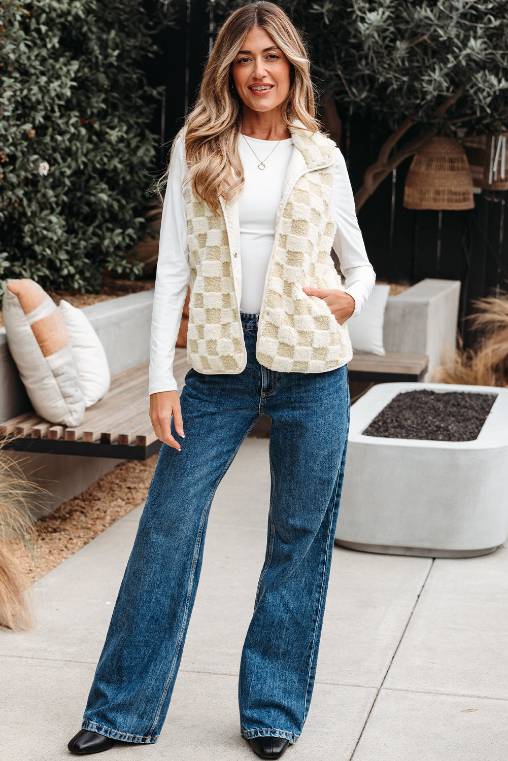 Stevie Sherpa Checkerboard Button Vest With Pocket - Threaded Pear