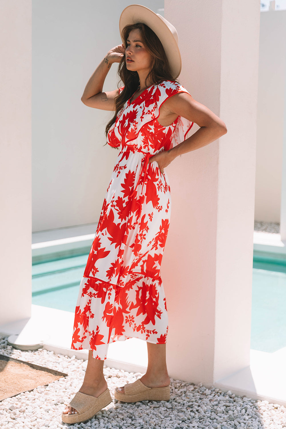Scarlett Floral Trimmed V Neck Ruffle Sleeve Long Dress - Threaded Pear