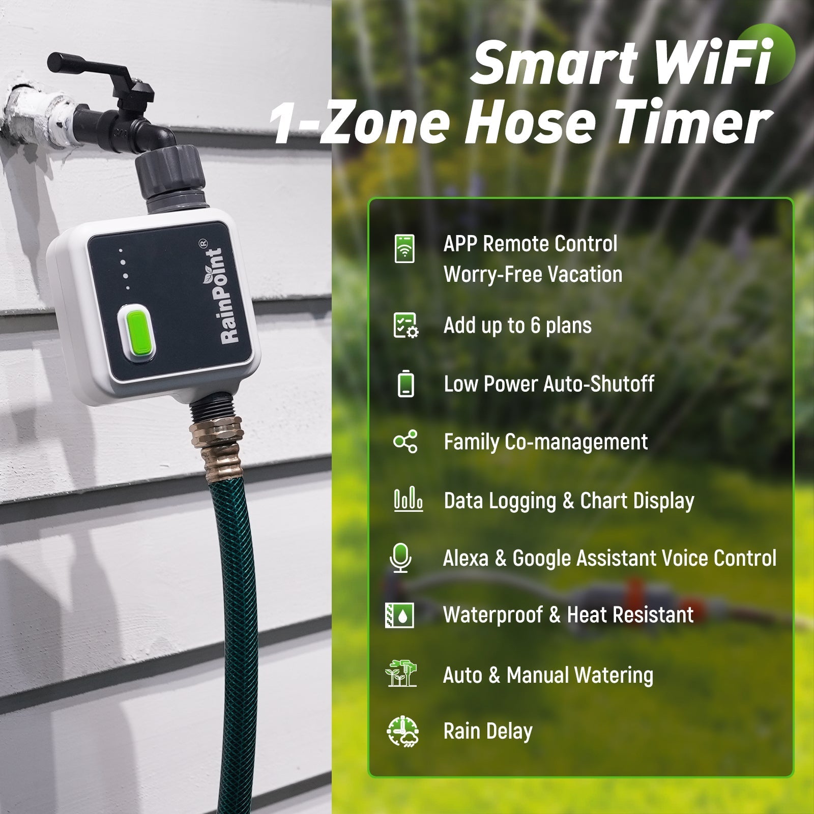 RAINPOINT Wireless Smart Water Timer for Garden Hose with Hub, Outdoor Sprinkler Irrigation, Rain Delay, APP Remote Control, WiFi Valve for Faucet Automatic Schedules Lawn,Backyard,Pool by BALDR Electronic