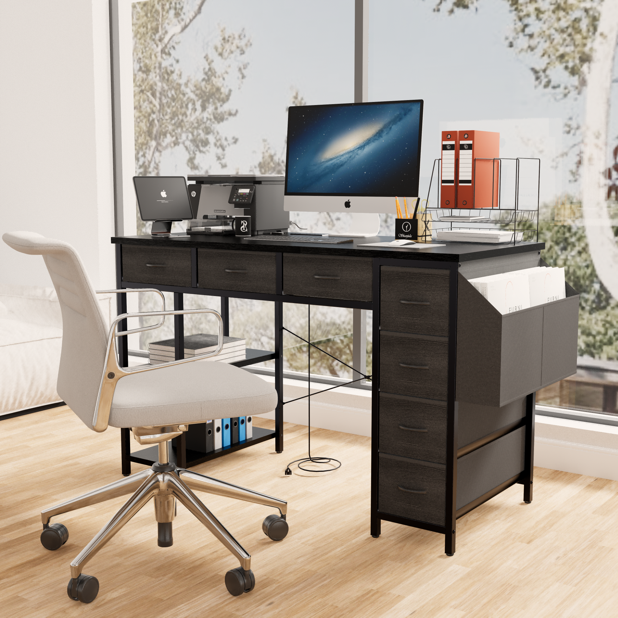 47.3' Computer Desk With 7 Drawers, Extra Large Side Pocket, and Power Outlets