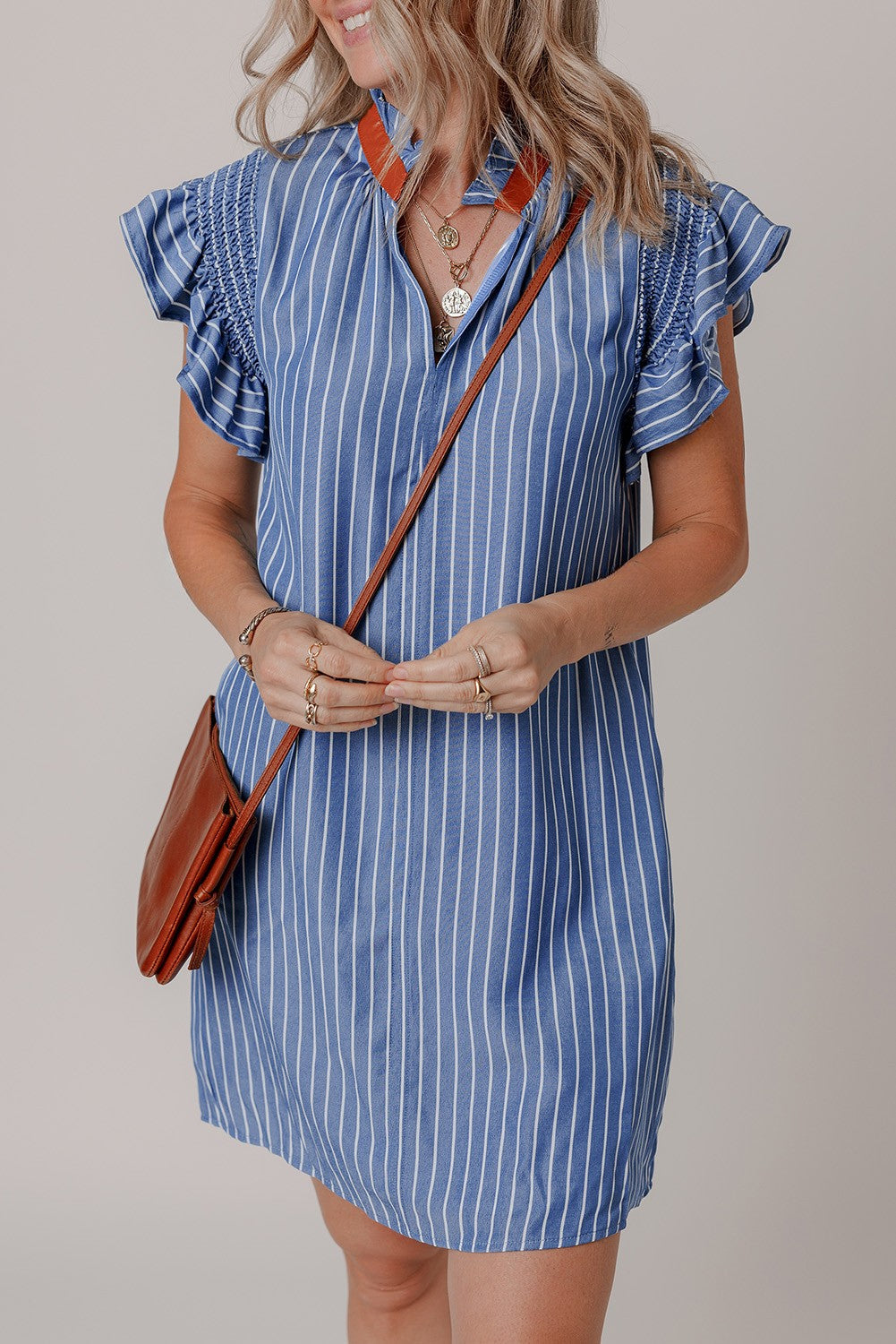 Leah Stripe Frilly Split Neck Shirred Ruffle Sleeve Dress - Threaded Pear