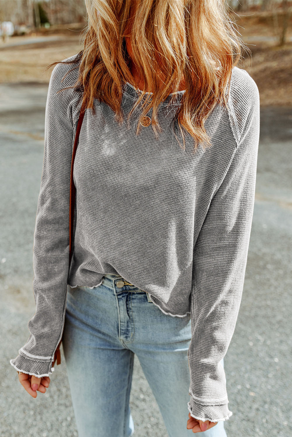 Daisy Textured Round Neck Long Sleeve Top - Threaded Pear