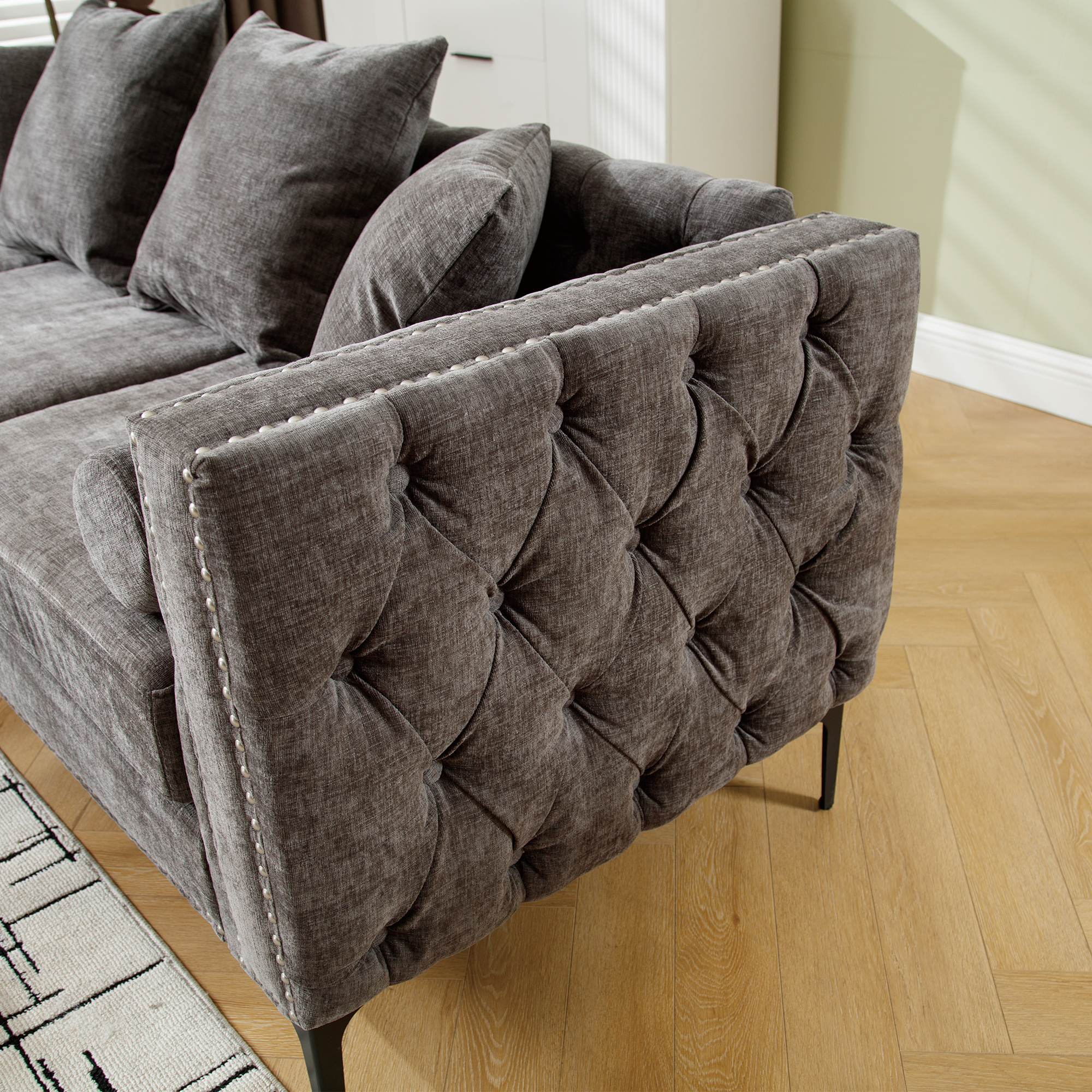 L Shaped Sectional Convertible Sofa With Storage Ottoman and Modern Tufted Style