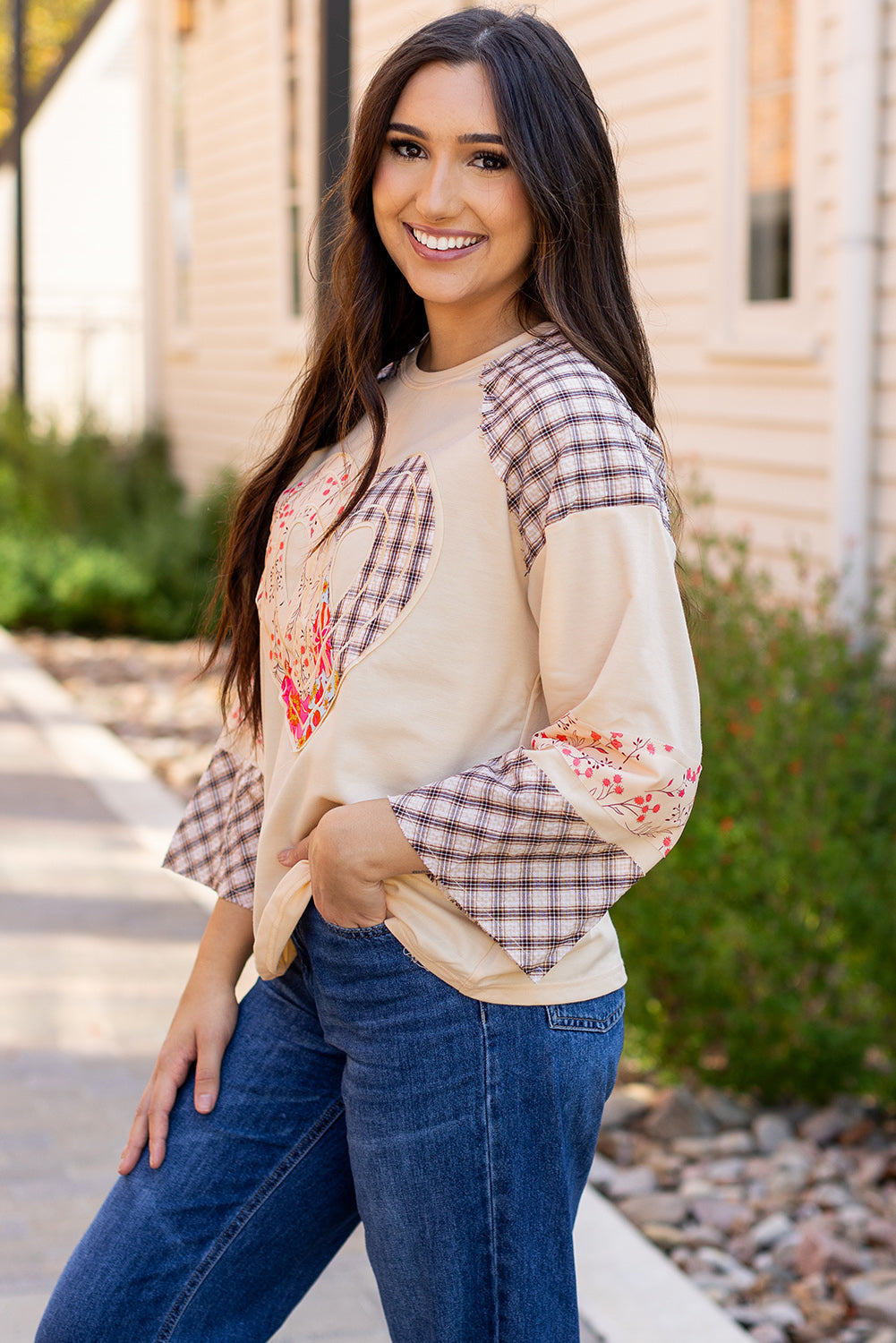 Emilia Plaid Floral Peace Heart Long Sleeve Top - Threaded Pear