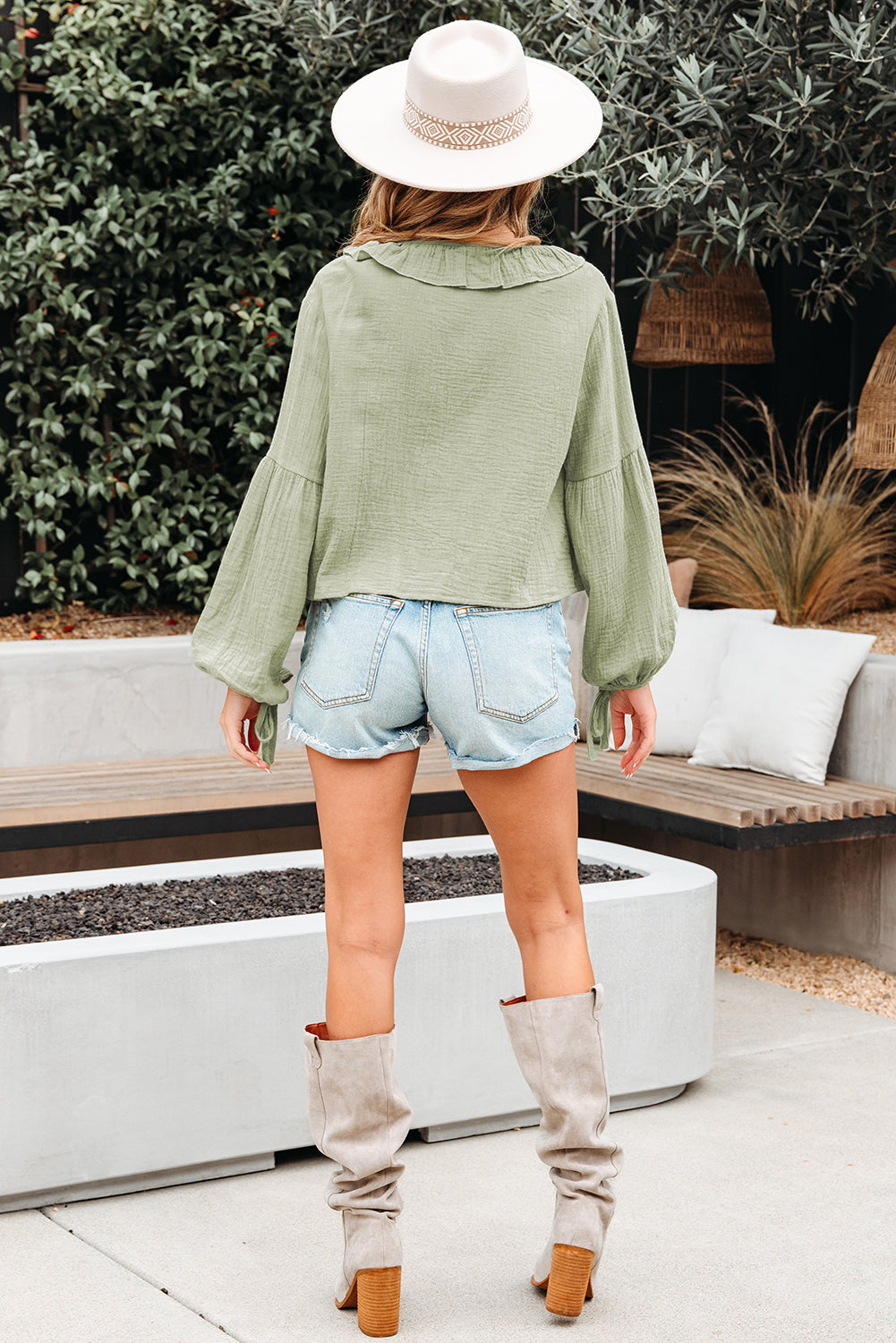 Natalia Bow Tie Front Ruffle Trim Long Sleeve Gauze Blouse - Threaded Pear