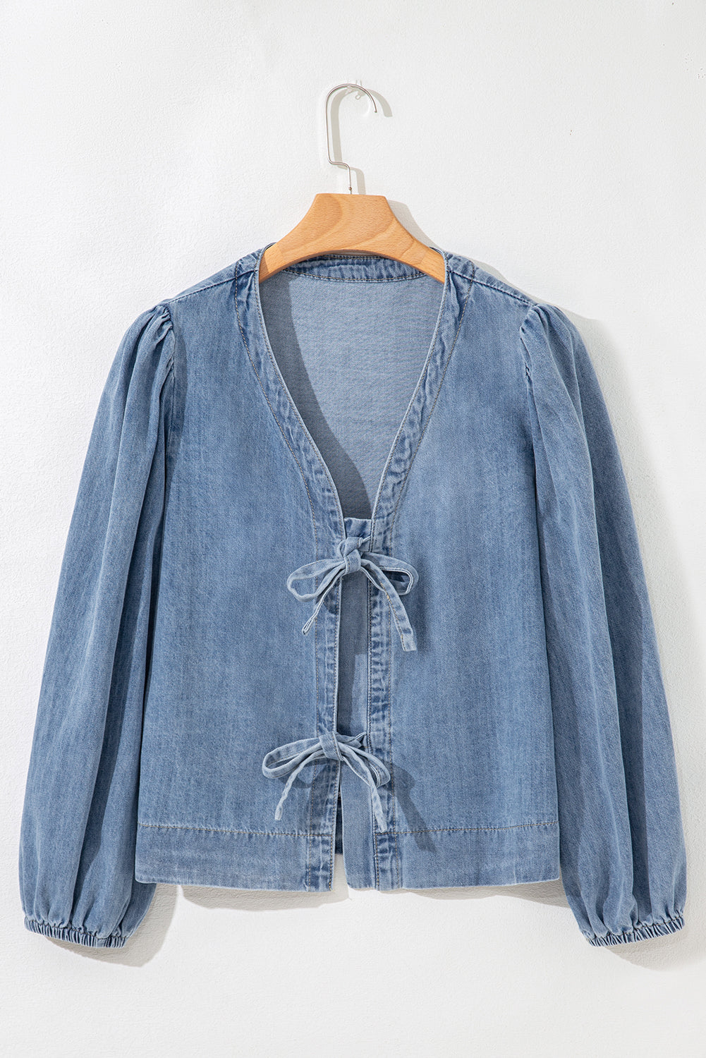 Oakley Tied Front Long Puff Sleeve Denim Top - Threaded Pear