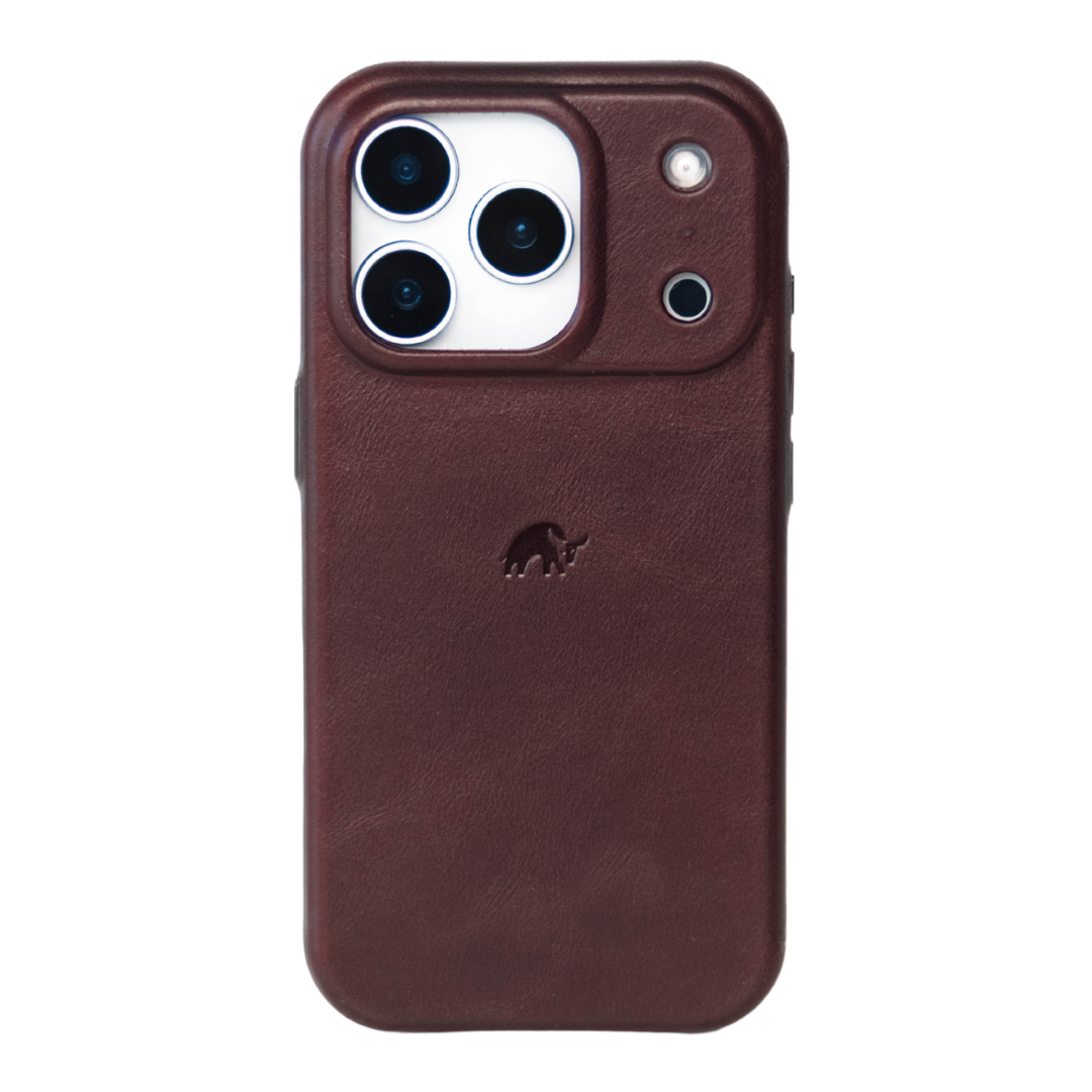 Bourbon brown leather iPhone case with raised camera housing and Bullstrap logo
