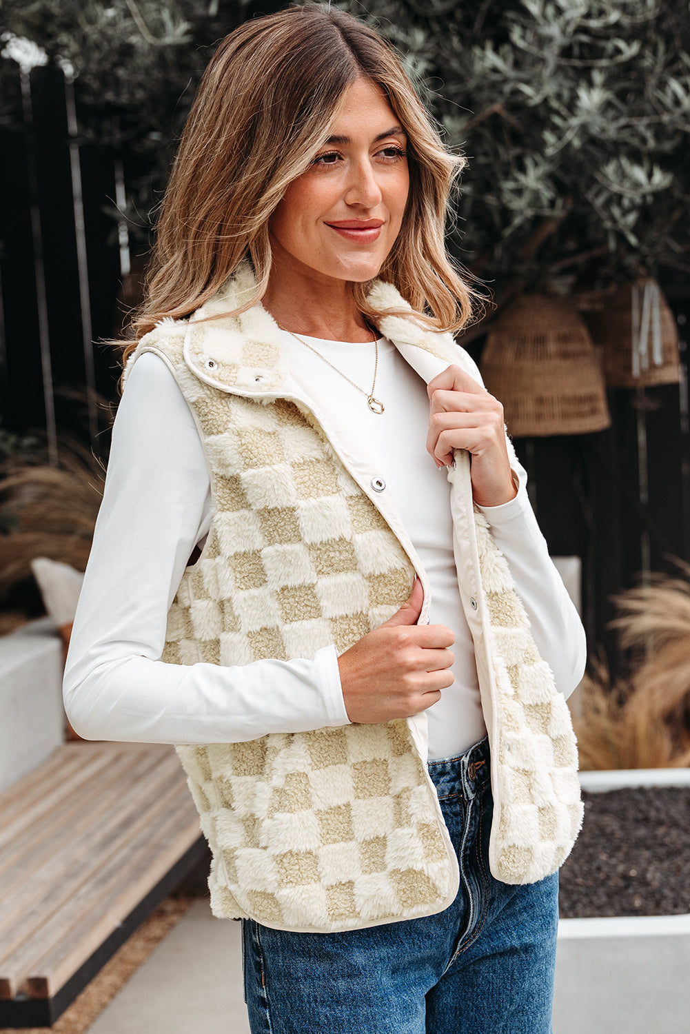 Stevie Sherpa Checkerboard Button Vest With Pocket - Threaded Pear