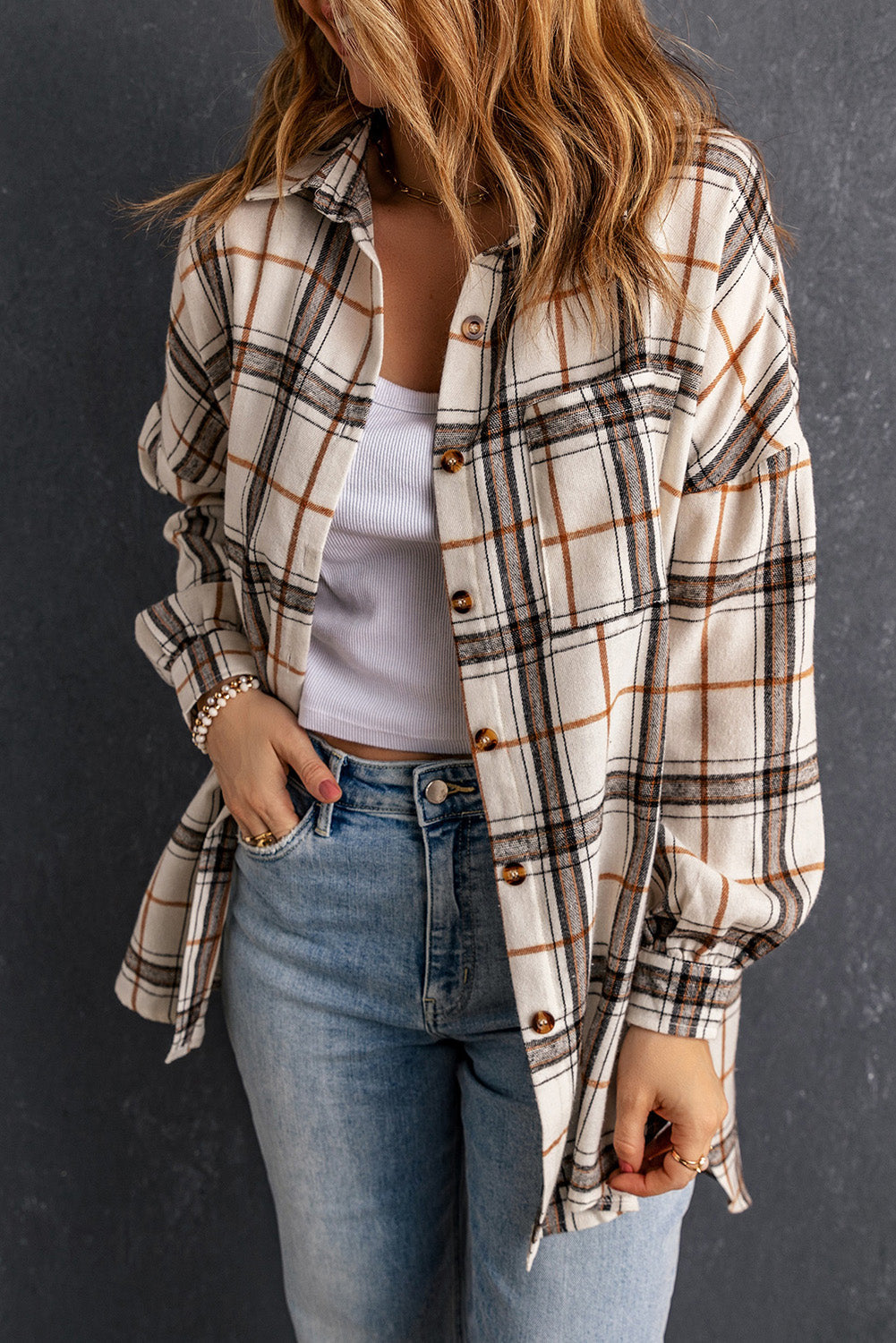 Khloe Oversized Plaid Pattern Shacket - Threaded Pear