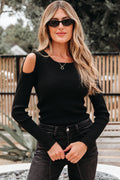 Amaya Ribbed Knit Cold Shoulder Sweater - Threaded Pear