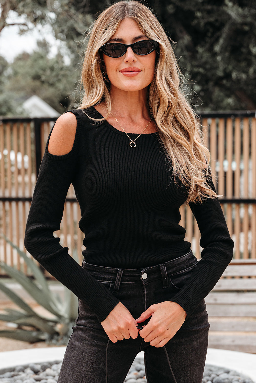 Amaya Ribbed Knit Cold Shoulder Sweater - Threaded Pear