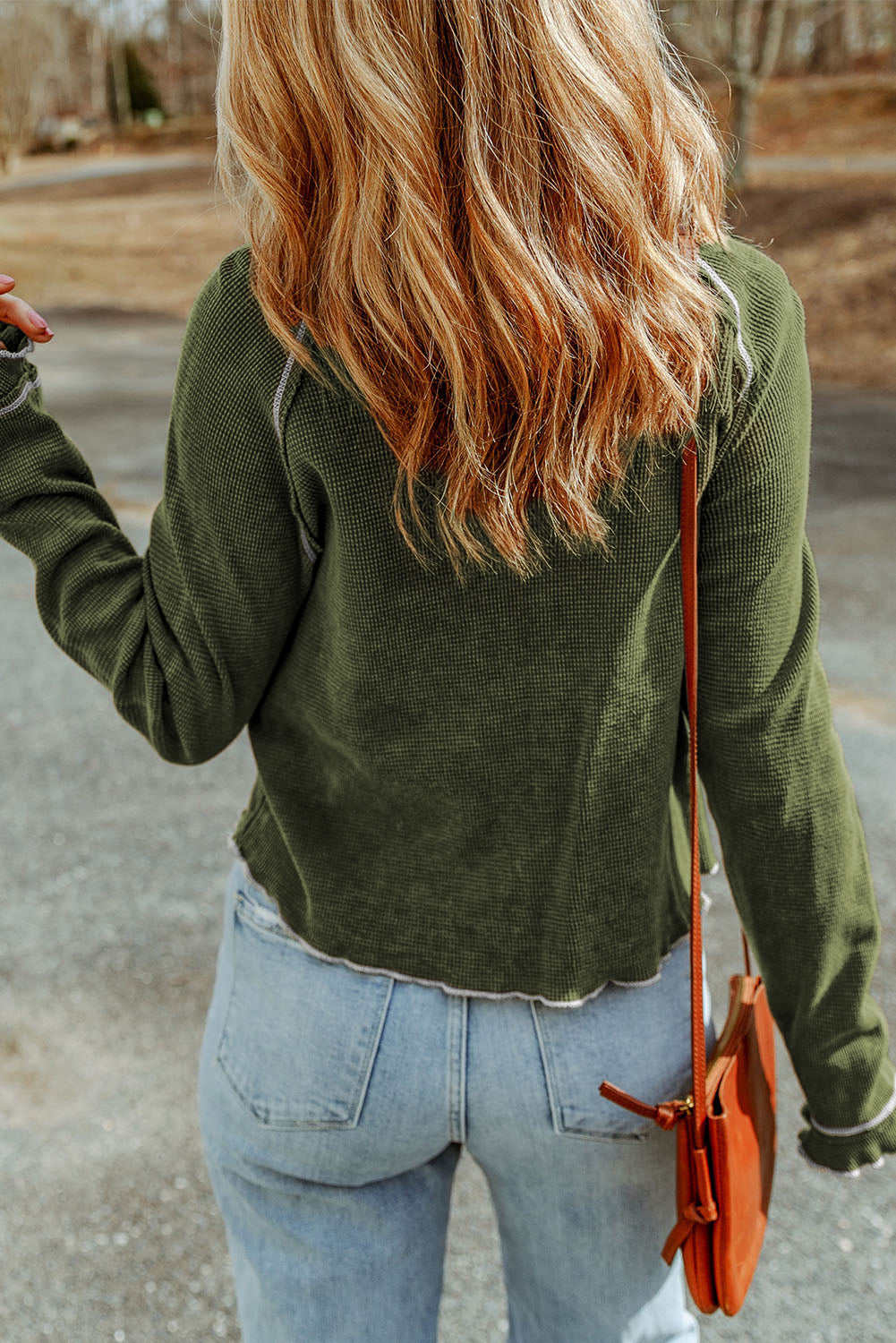 Daisy Textured Round Neck Long Sleeve Top - Threaded Pear