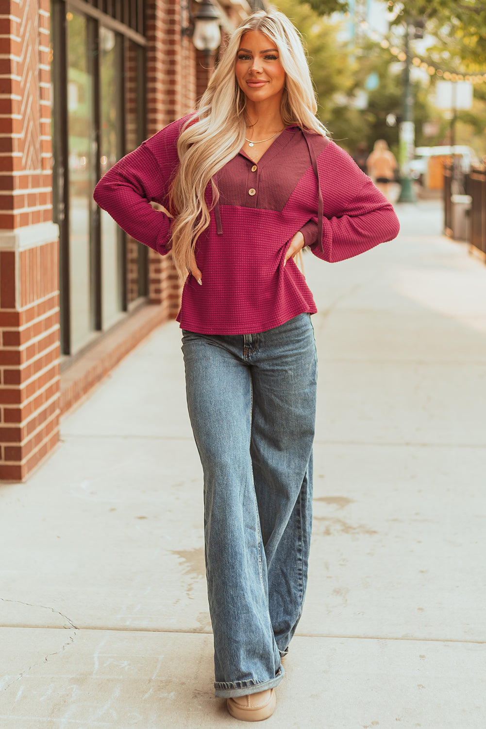 River Waffle Hooded Long Sleeve Top - Threaded Pear