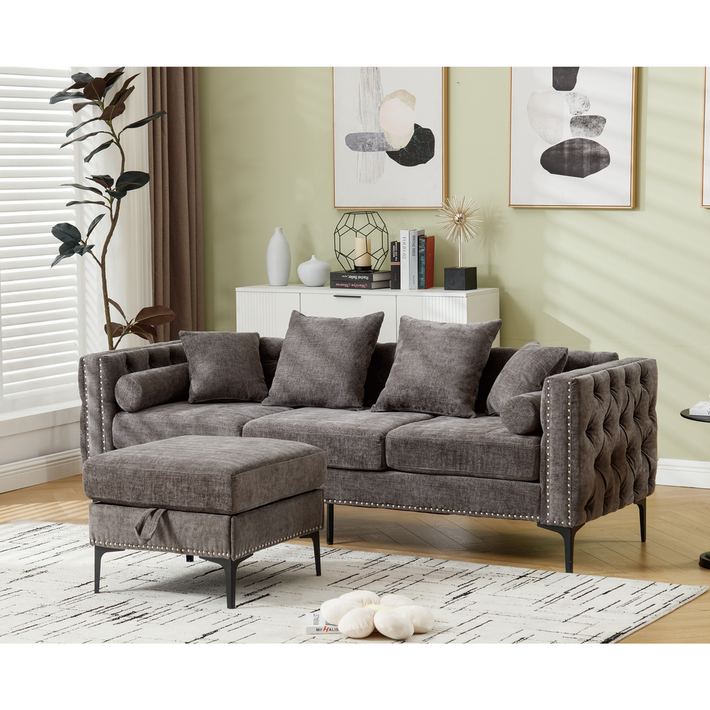 L Shaped Sectional Convertible Sofa With Storage Ottoman and Modern Tufted Style