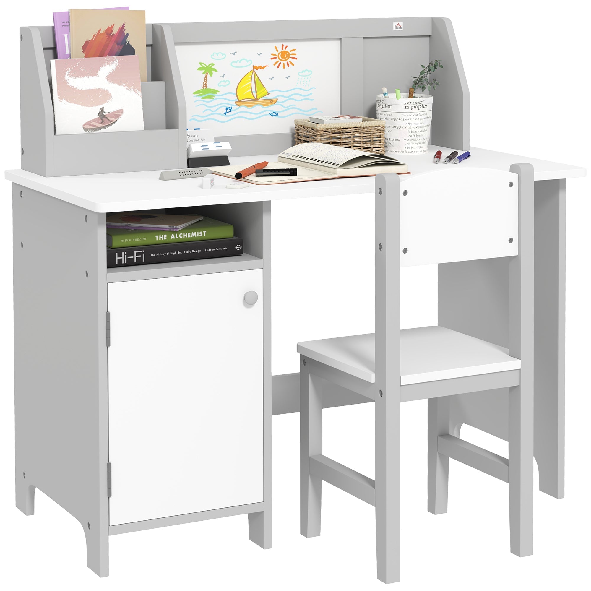 Qaba Toddler Desk and Chair Set, Kids Writing Desk Study Table for Children with Whiteboard, Storage Cabinet, Child Furniture, Art Gifts for Kids, Gray by 39F INC.