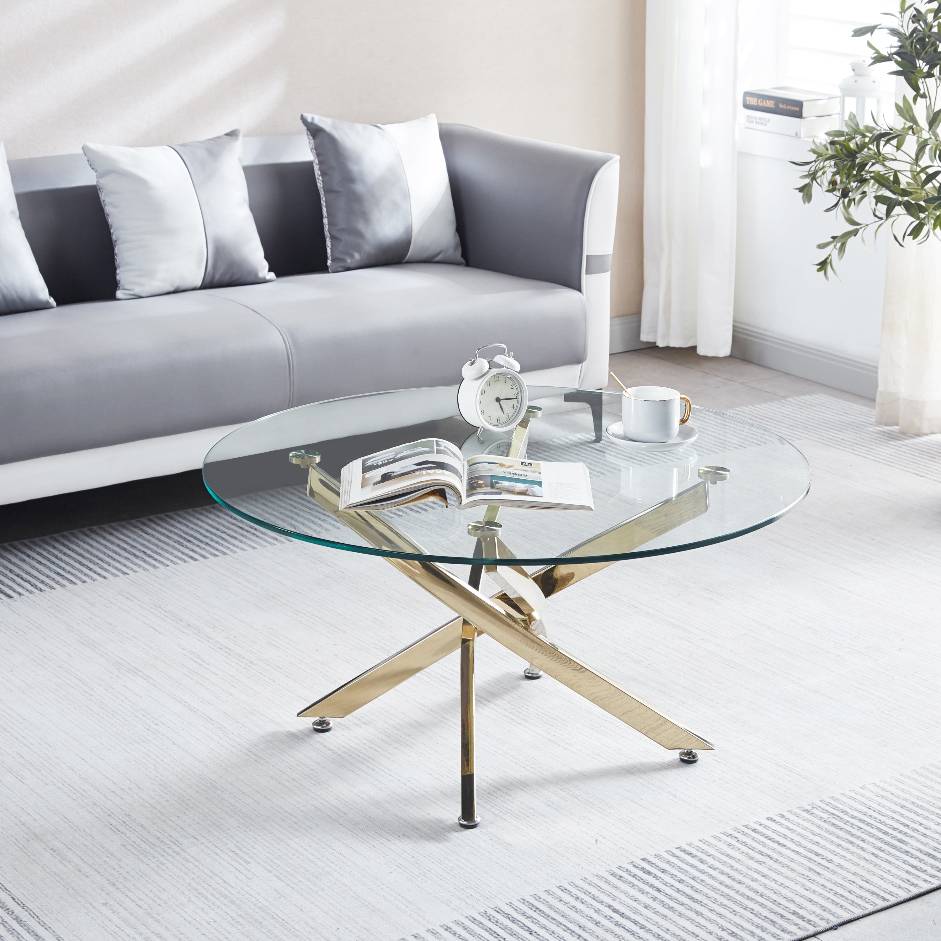 Modern Round Tempered Glass Coffee Table With Stainless Steel Legs