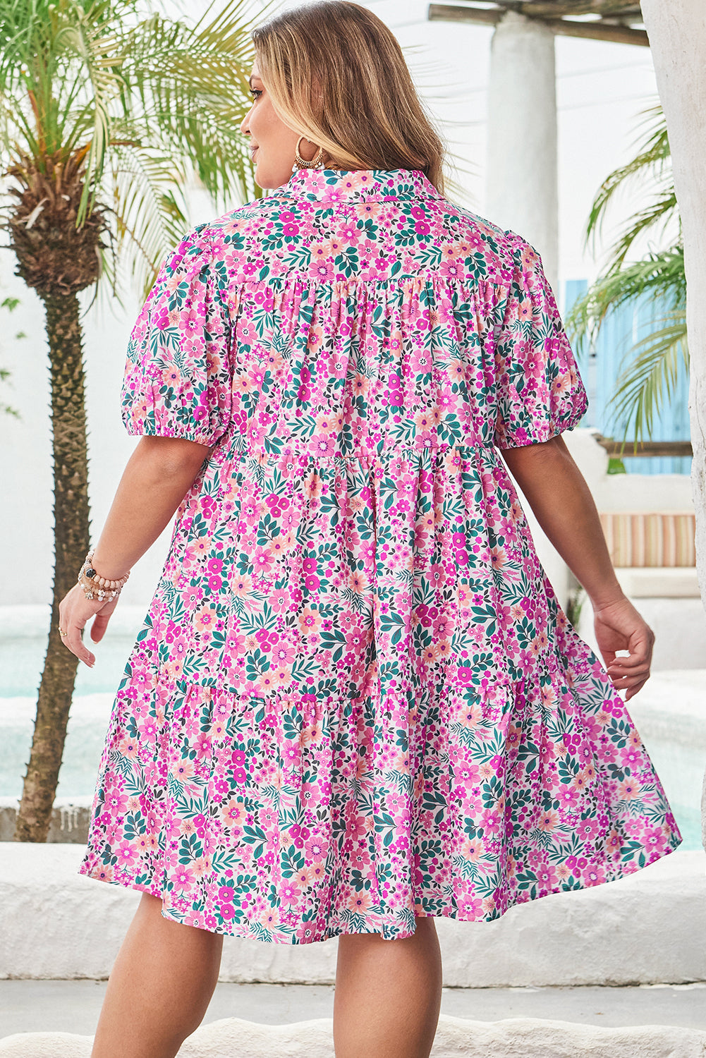 Mariana Plus Size Floral Puff Sleeve A-line Dress - Threaded Pear