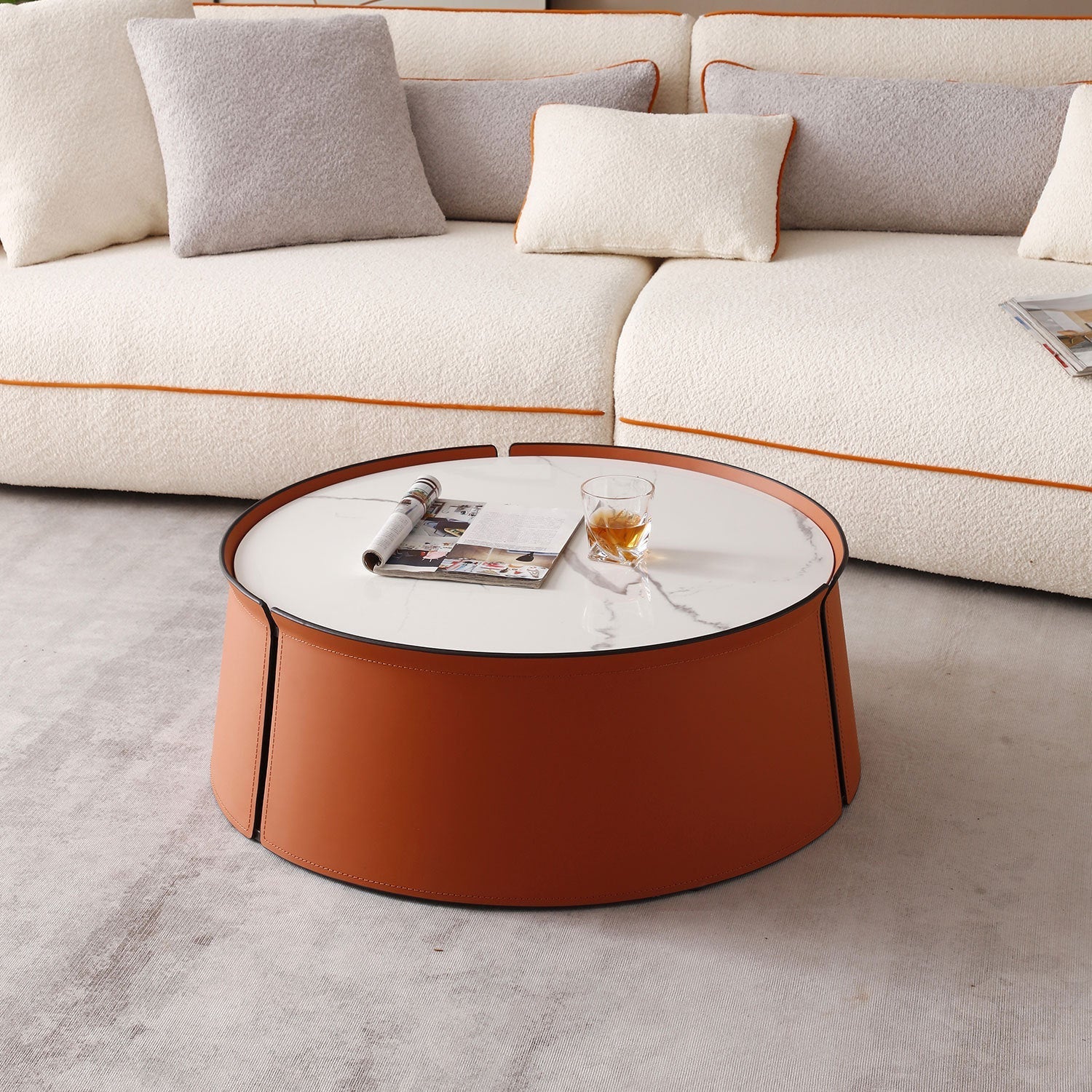 31.5" Coffee Table, Marble Top and Orange Saddle Leather Body