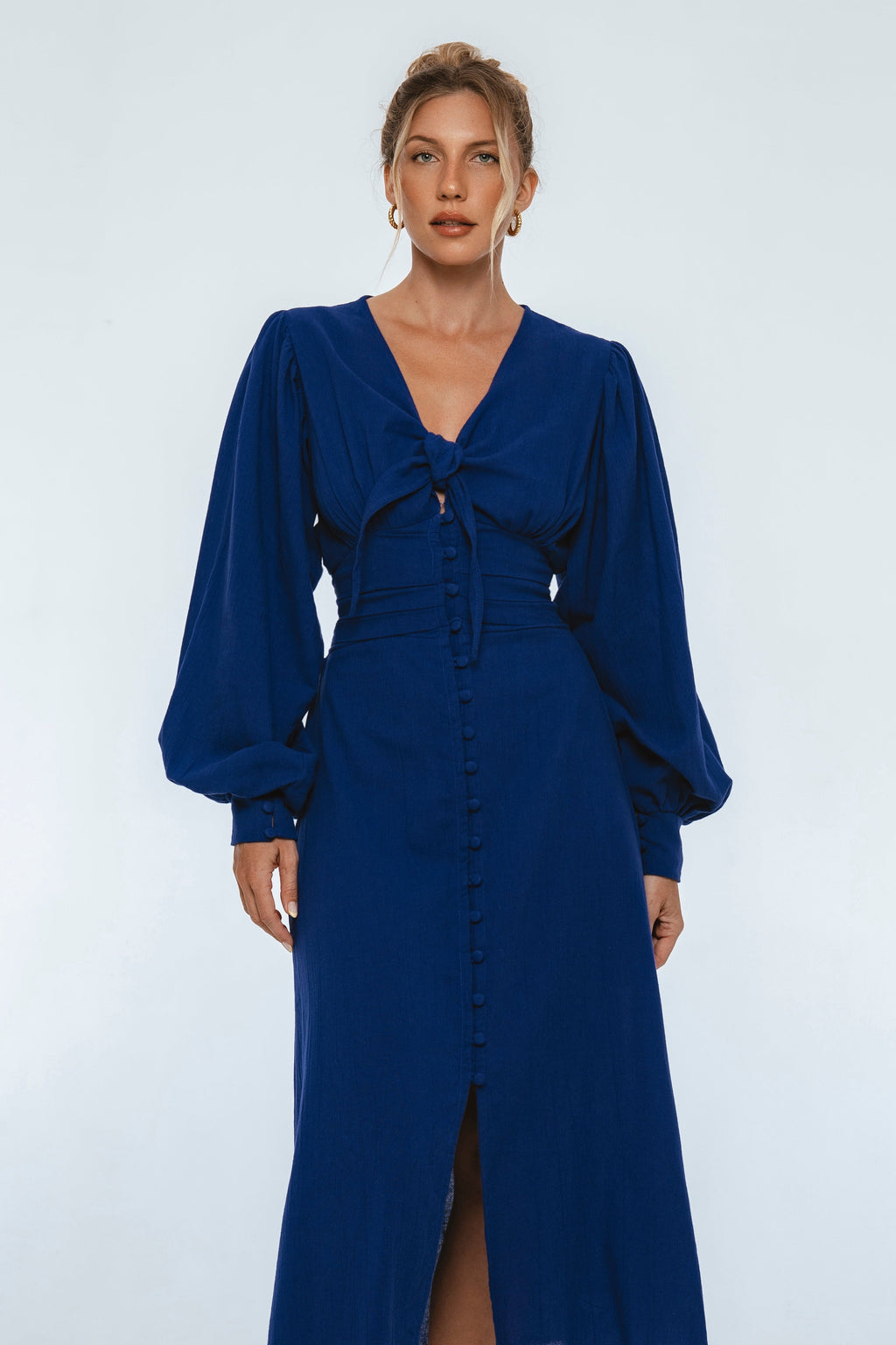 Velvet Sky Long Sleeve Linen Midi Dress