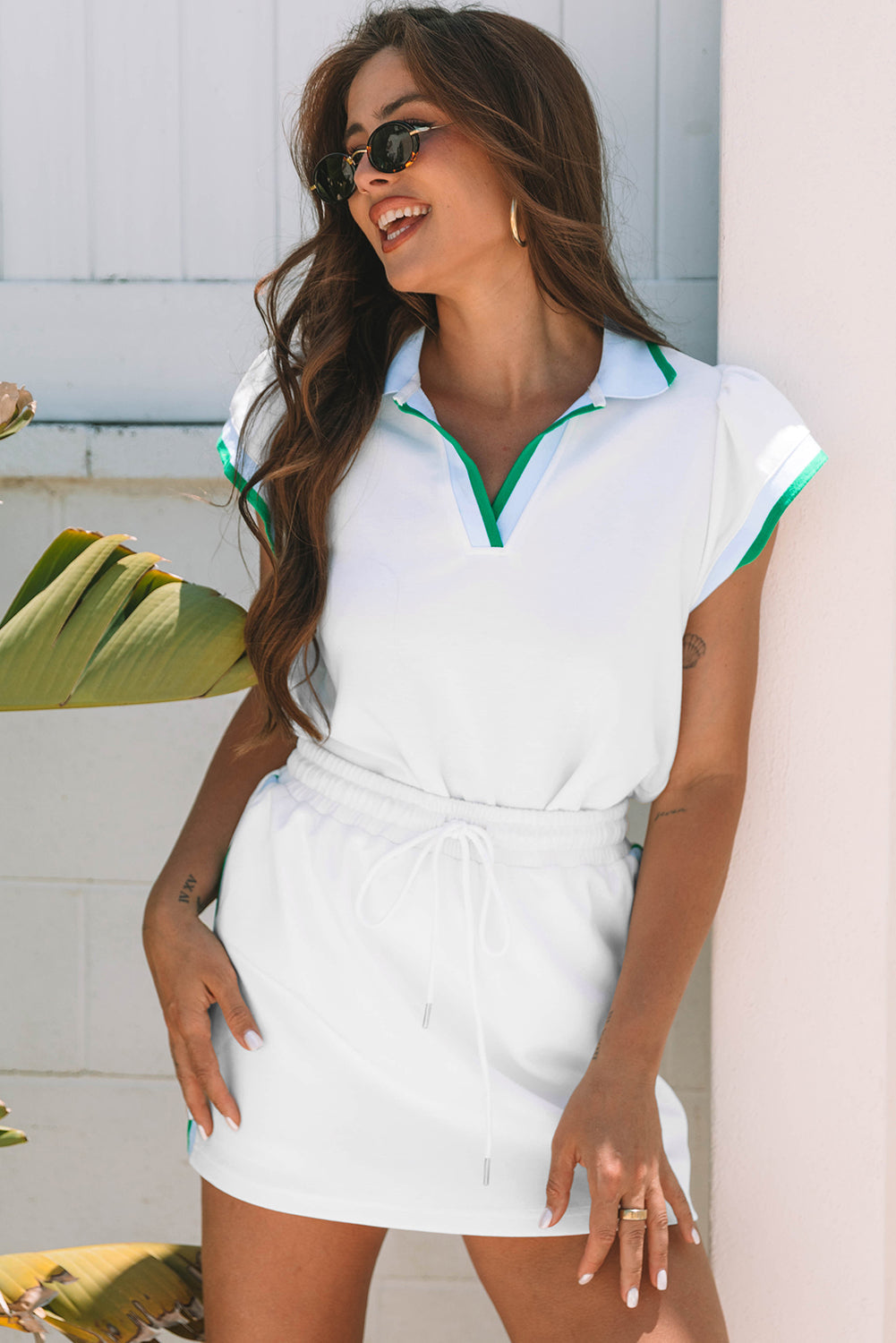 Emily Edge Cap Sleeve Collared Top 2 Piece Skirt Set - Threaded Pear