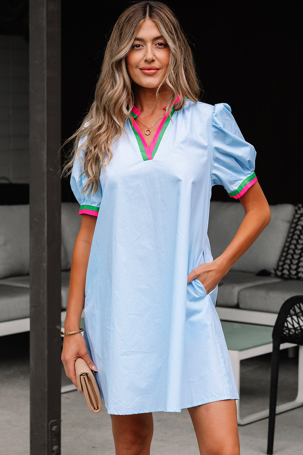 Lily Striped Notched V Neck Puff Sleeve Mini Dress - Threaded Pear