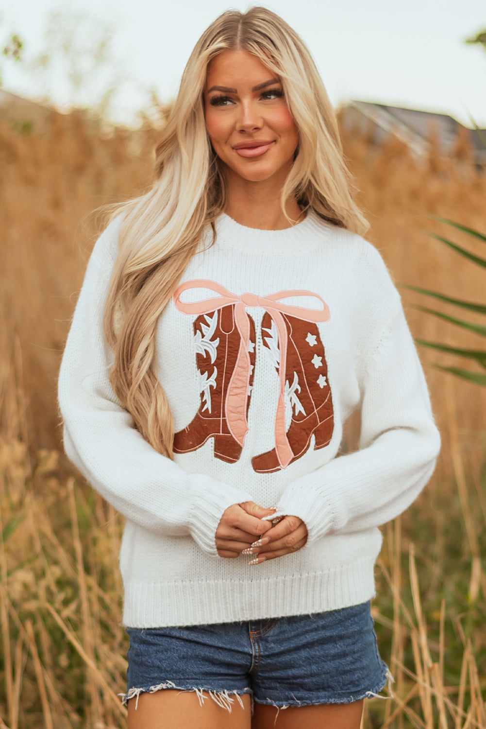 Amanda Embroidered Bow Boots Sweater - Threaded Pear