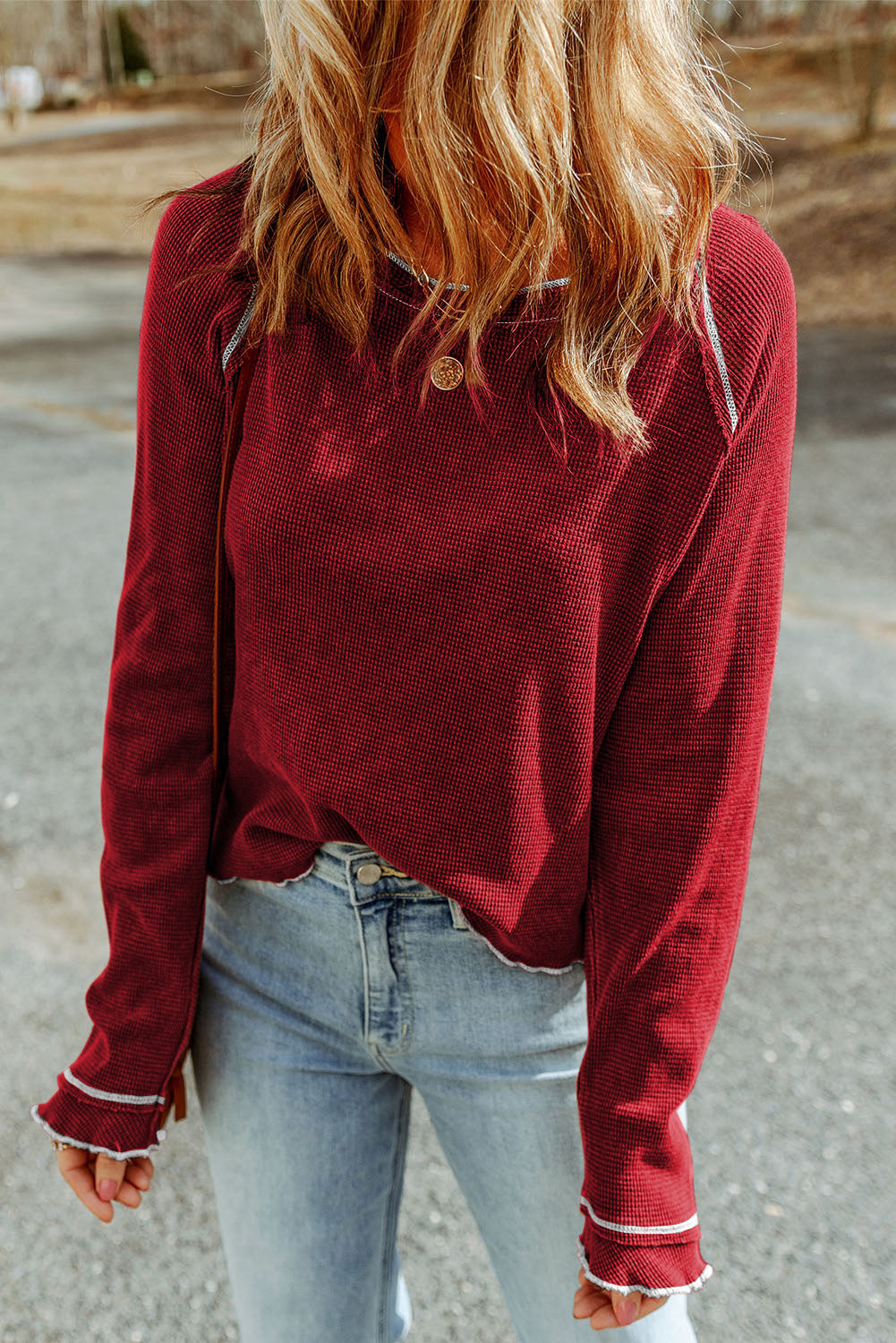 Daisy Textured Round Neck Long Sleeve Top - Threaded Pear
