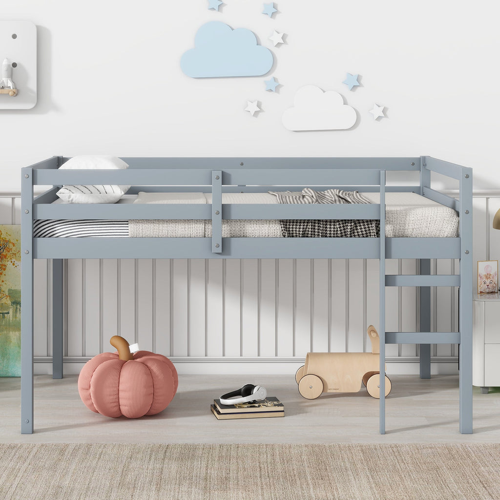 Solid Wooden, Rubber Wooden Twin Loft Bed with Ladder, Bed Platform of Strengthened Slats , Grey by 39F INC.