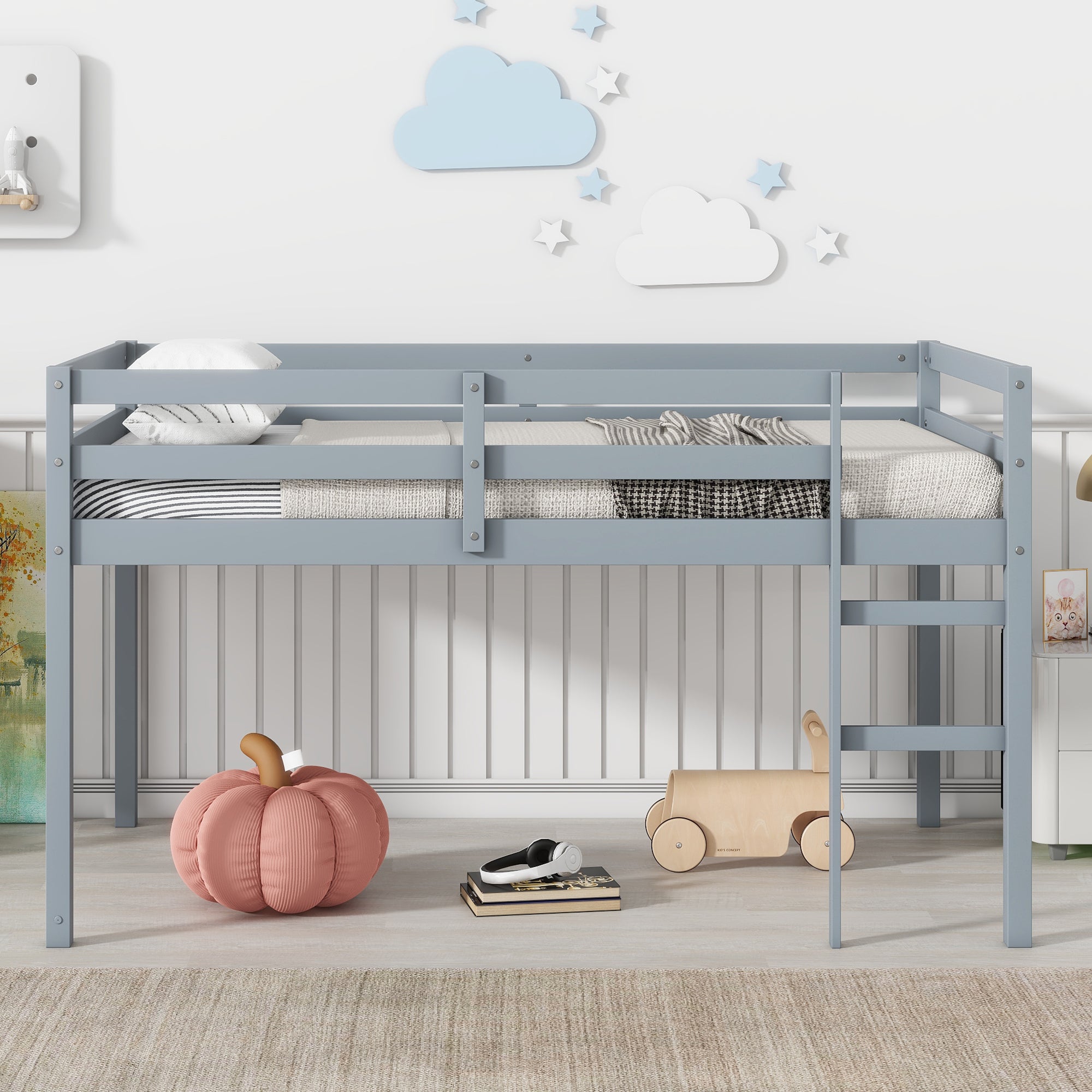 Solid Wooden, Rubber Wooden Twin Loft Bed with Ladder, Bed Platform of Strengthened Slats , Grey by 39F INC.