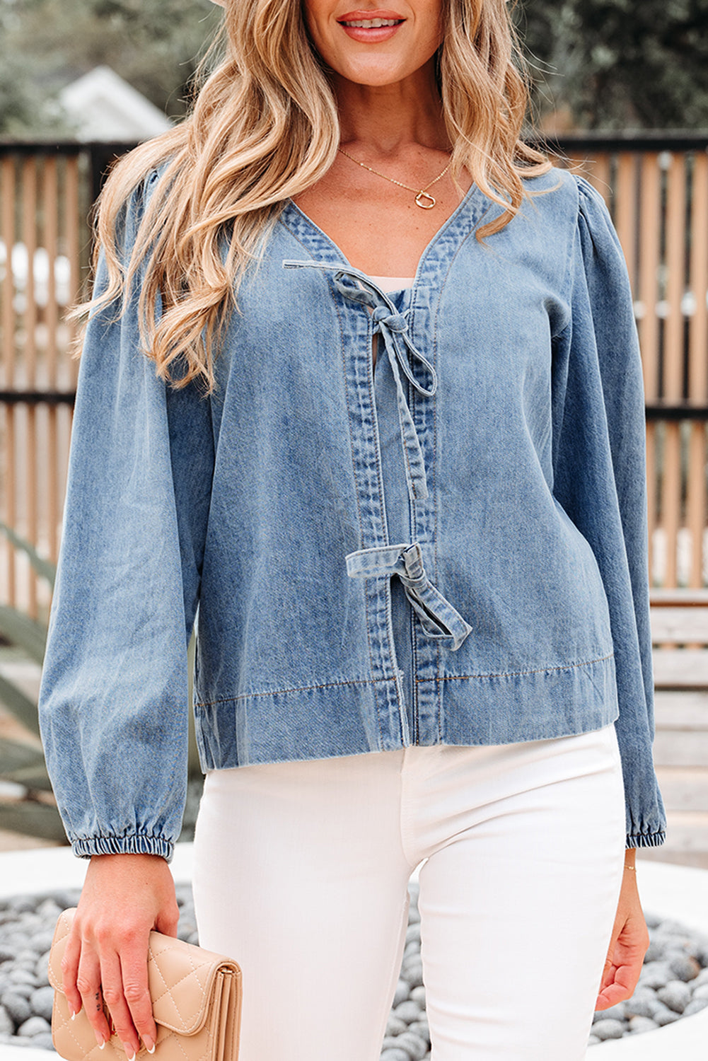 Oakley Tied Front Long Puff Sleeve Denim Top - Threaded Pear