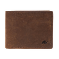 Brown bifold wallet with a bull logo