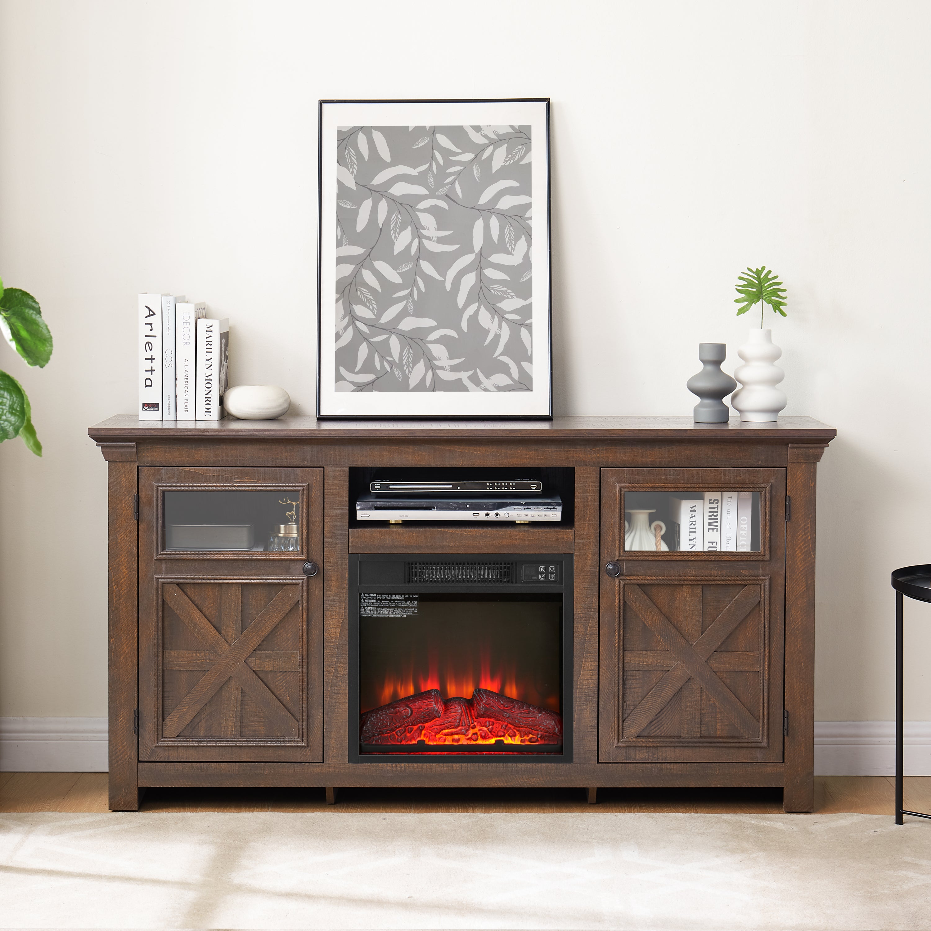 2 Doors Cabinet Farmhouse TV Stand With 18' Fireplace Insert