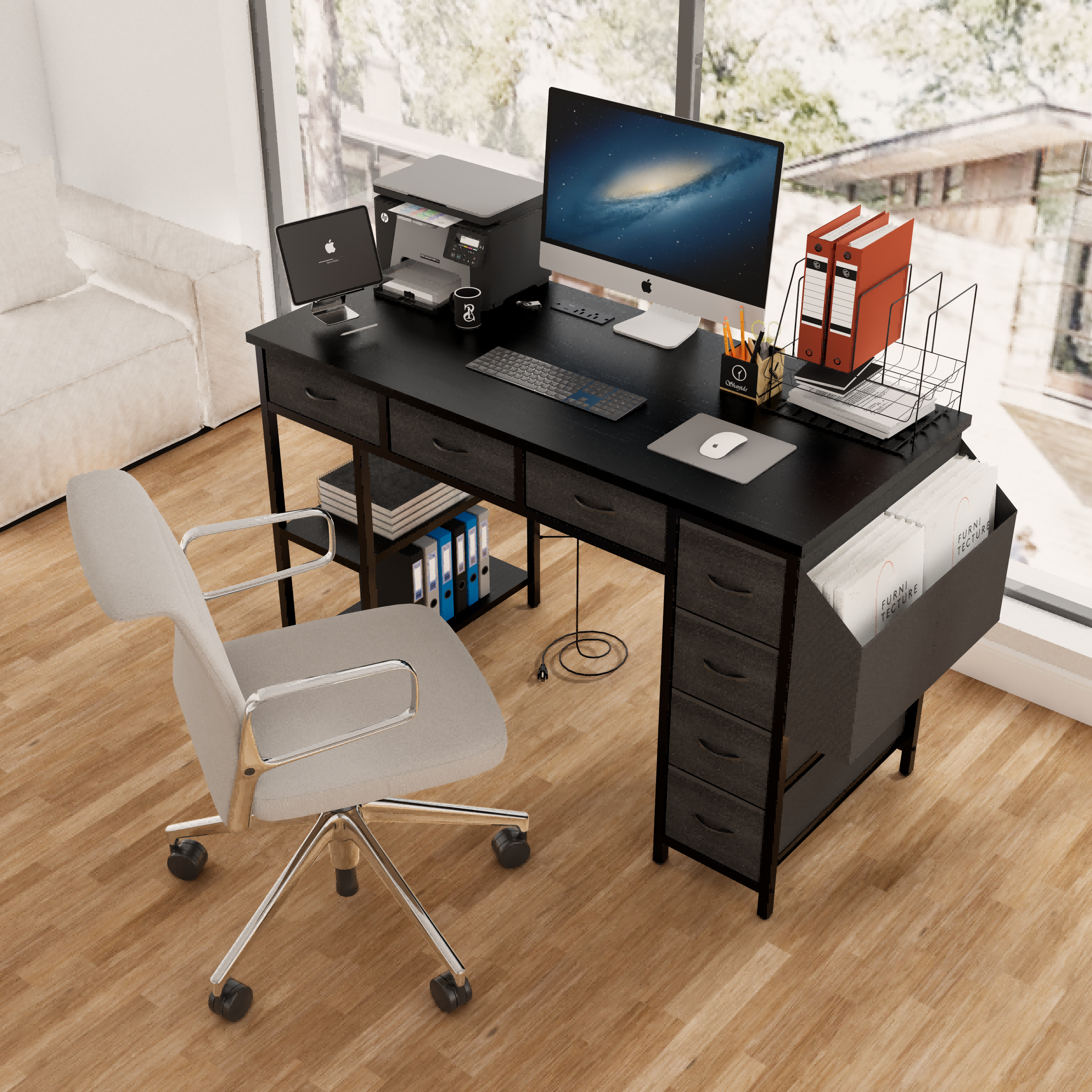 47.3' Computer Desk With 7 Drawers, Extra Large Side Pocket, and Power Outlets