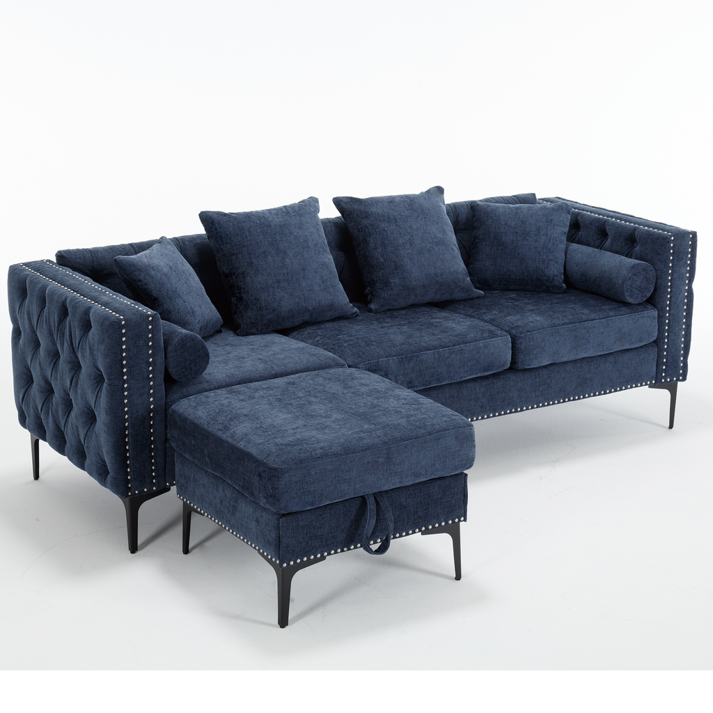 L Shaped Sectional Convertible Sofa With Storage Ottoman and Modern Tufted Style