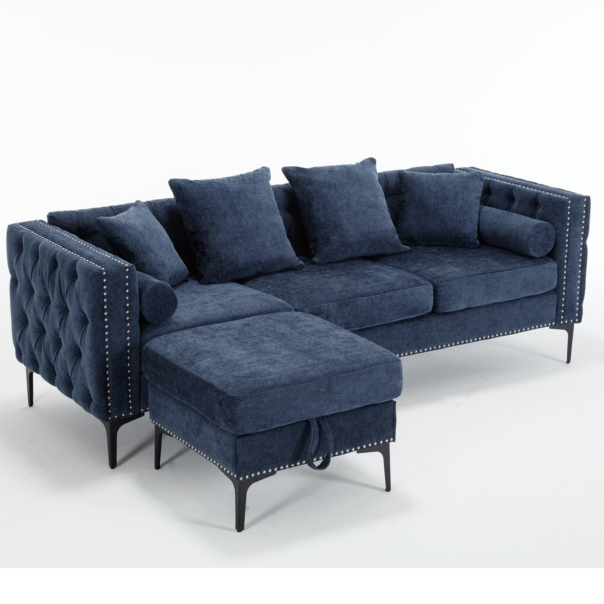 L Shaped Sectional Convertible Sofa With Storage Ottoman and Modern Tufted Style