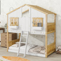 Twin over Twin House Bunk Bed with Roof , Window, Window  Box, Door , with Safety Guardrails and Ladder, Natural/White by 39F INC.