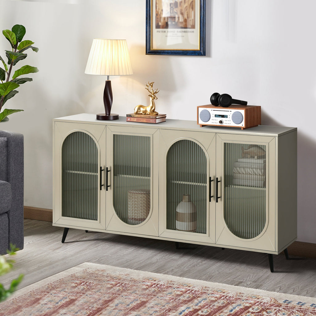 Wood TV Stand With Storage Cabinet & Adjustable Shelves
