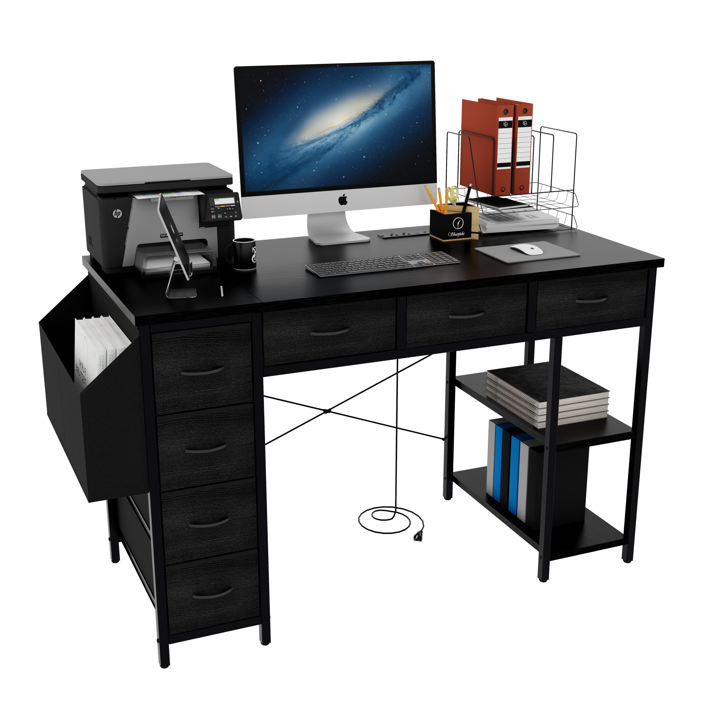 47.3' Computer Desk With 7 Drawers, Extra Large Side Pocket, and Power Outlets