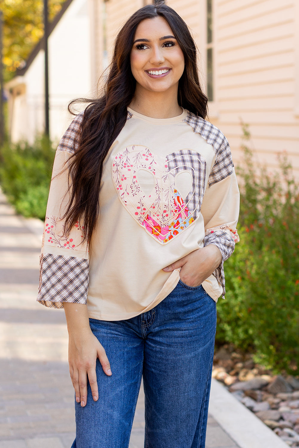 Emilia Plaid Floral Peace Heart Long Sleeve Top - Threaded Pear