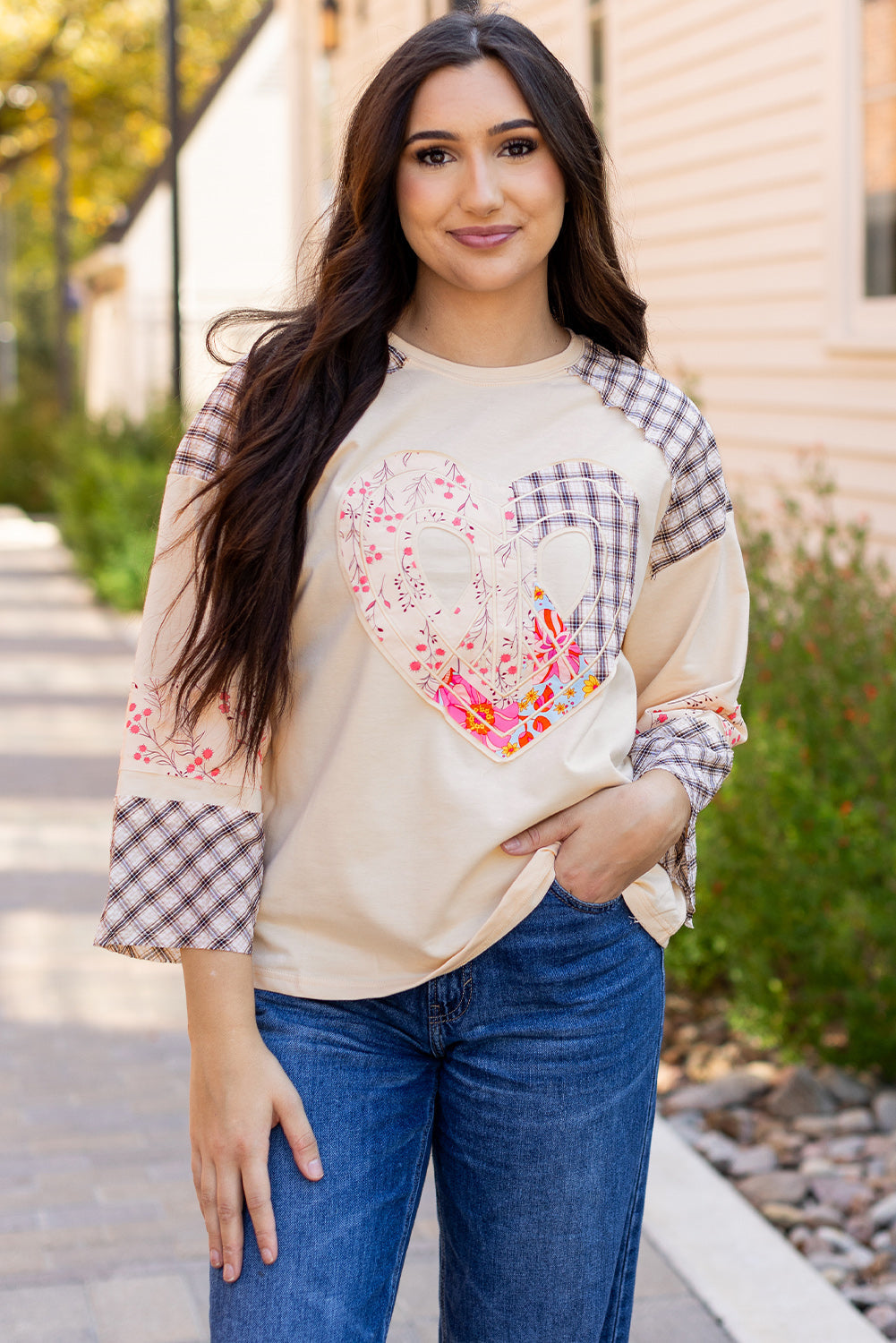 Emilia Plaid Floral Peace Heart Long Sleeve Top - Threaded Pear