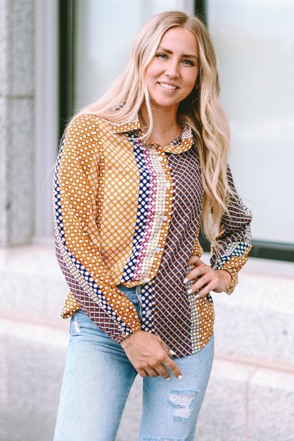 Brown Dot Print Long Sleeve Button Down Shift PLUS Shirt by Threaded Pear