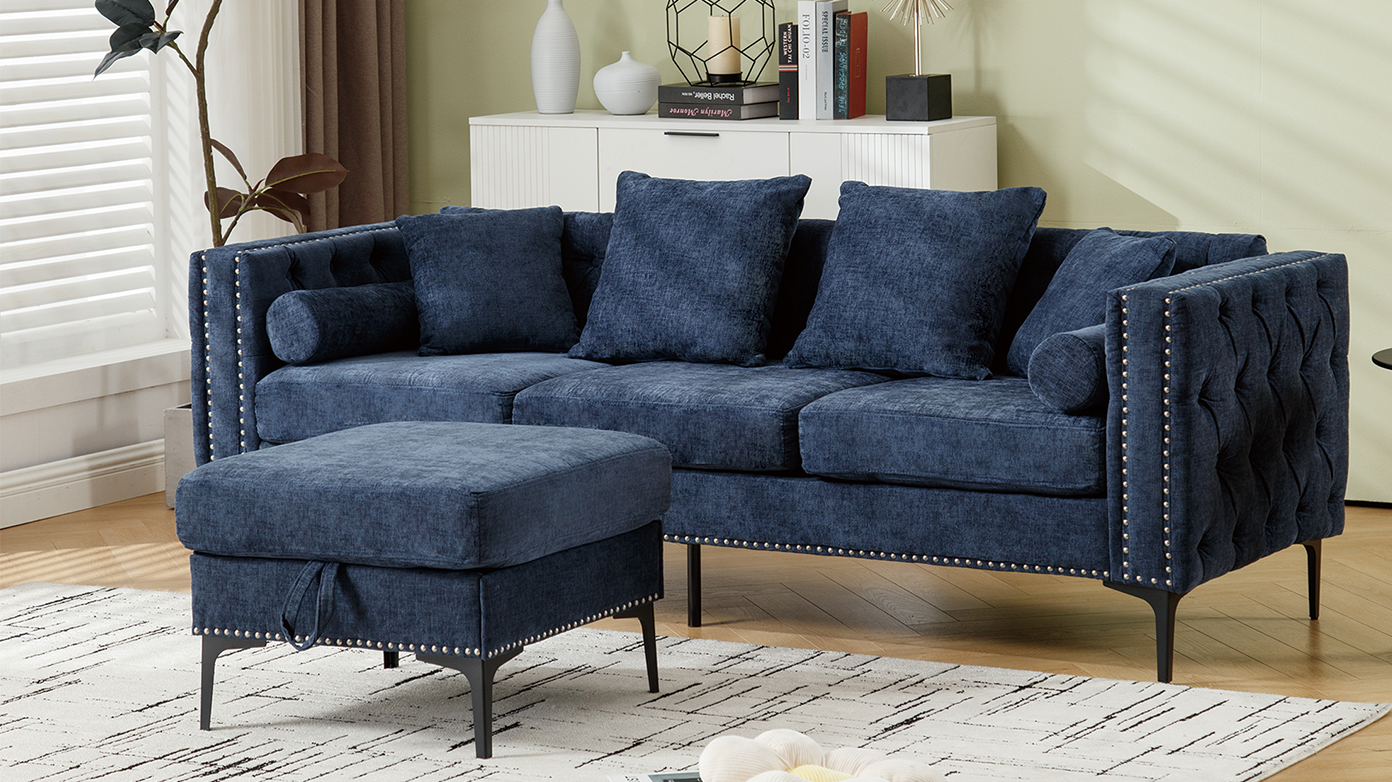 L Shaped Sectional Convertible Sofa With Storage Ottoman and Modern Tufted Style